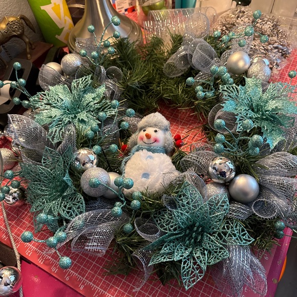 Festive Snowman Holiday Wreath with Silver and Blue Accents